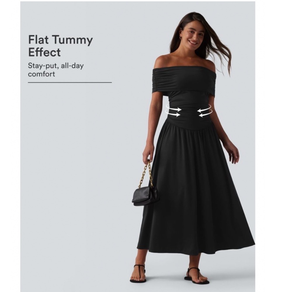 Halara Black Off The Shoulder Ruched Tummy Control Midi Dress XL NWT